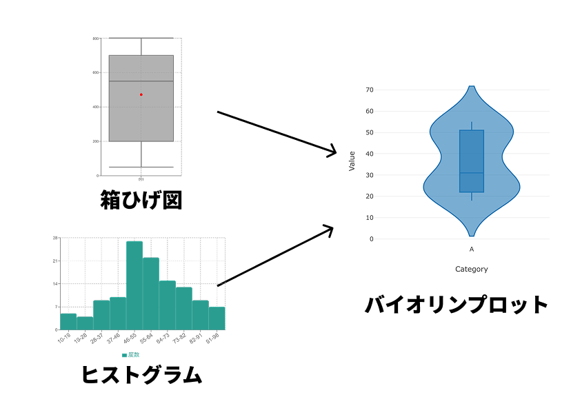 箱ひげ図とヒストグラムの要素を持ったバイオリンプロット 箱ひげ図とヒストグラムの要素を持ったバイオリンプロット