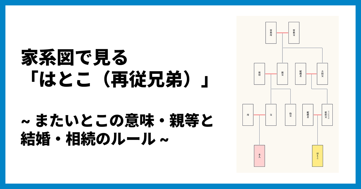 家系図で見る「はとこ（再従兄弟）」の位置！またいとこの意味・親等と結婚・相続のルール